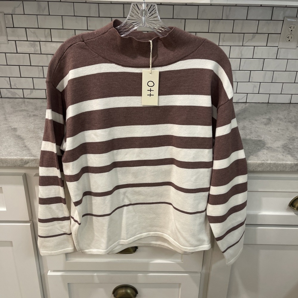 Ott Sweater Womens Small Cream Tan Striped Pullover Knit New with Tags Mock Neck